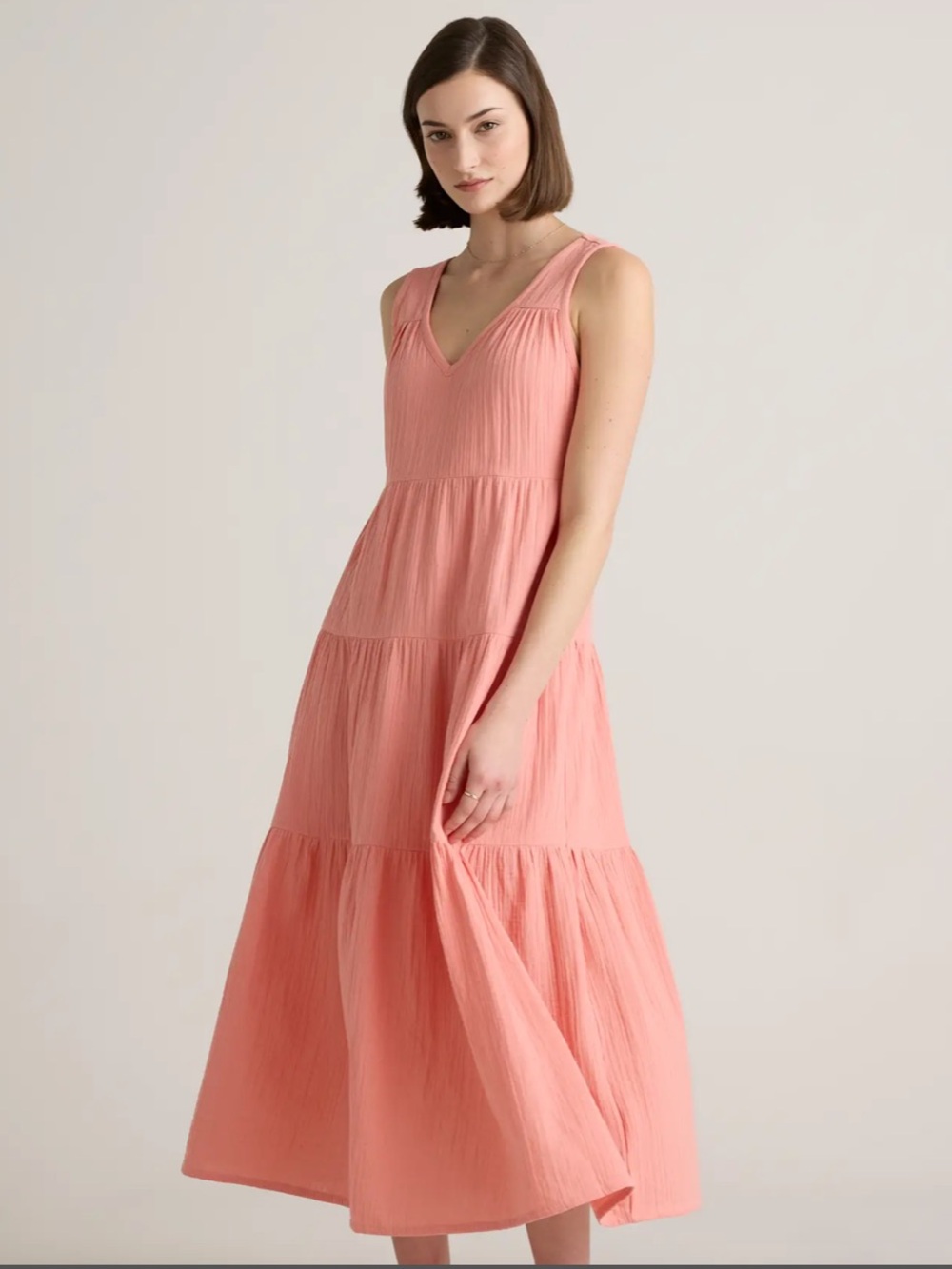Quince Cotton Gauze Tiered Sleeveless 100% Organic Cotton Midi Dress Coral Small